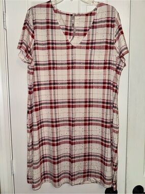Soma Cool Nights Cream and Pink Plaid V-Neck Sleep Shirt/Nightgown